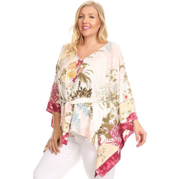 Sweaters - White floral print, 3/4 kimono sleeve top in a rel